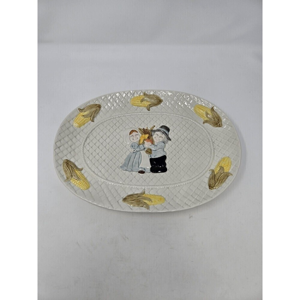 VINTAGE THANKSGIVING PLATTER TRAY RGA INDUSTRIES CORN PILGRIMS 1994 TABLESCAPE